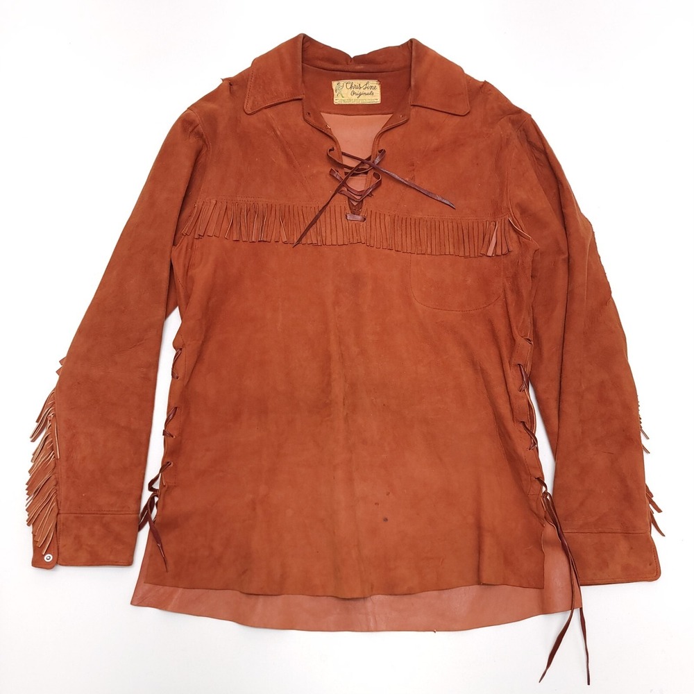 Chris Line Originals Leather Shirt Men's Fringe Native Western Cowboy READ